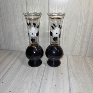 Vtg 1933 Elegant Black and White Hand Painted Floral Glass Vases Gold Trim